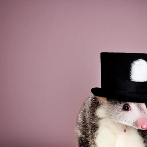 Image similar to candid photo of a cute opossum wearing a lil top hat