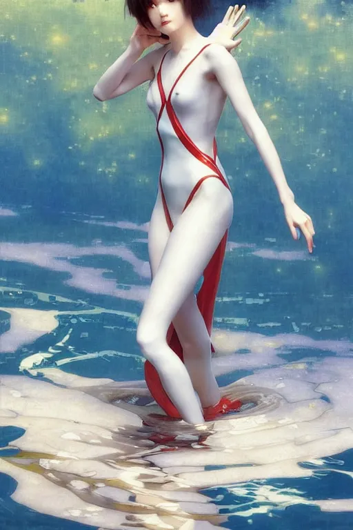 Image similar to a beautiful ayanami rei wearing a plugsuit emerging from the water, oil on canvas, sensuality, artstation, by j. c. leyendecker and edmund blair leighton and charlie bowater, instagram photo