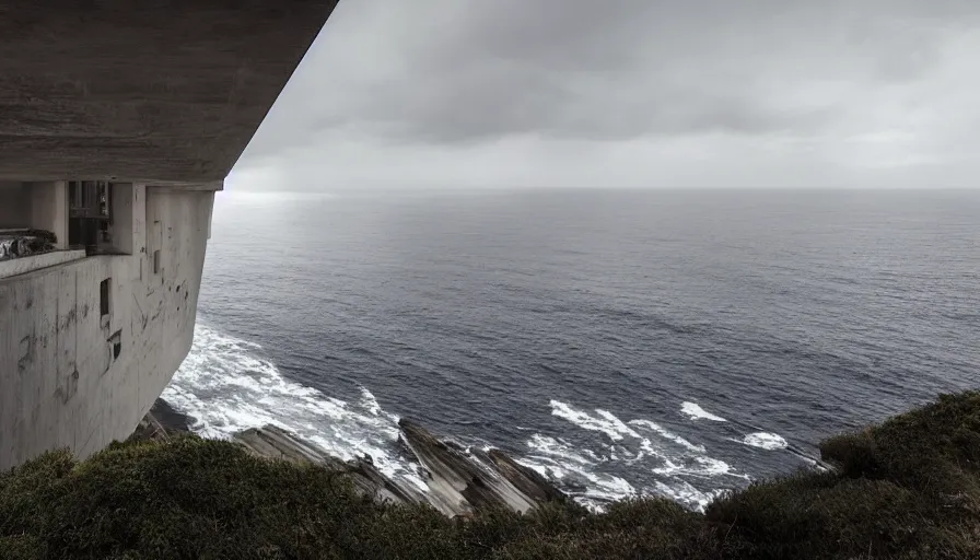 Prompt: coastal perched on a cliff overlooking a magnificient bay, imperial brutalist base, drawing architecture, ultra very long shot, top angle, imperial architecture in rogue one, pritzker architecture prize, brutalism architecture, jan urschel, greig fraser