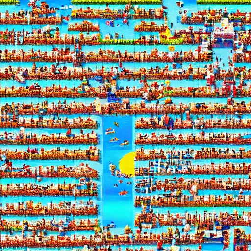 Image similar to aerial view of a busy beach on a sunny day, pixel art