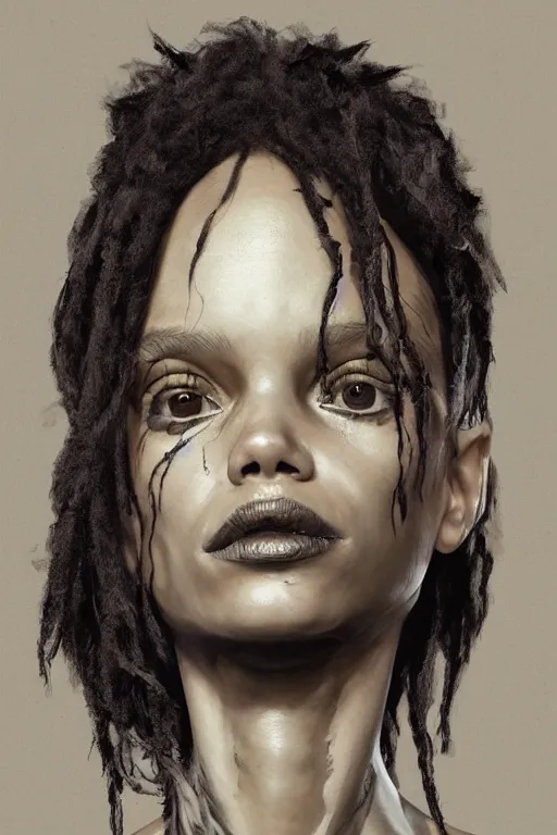 Prompt: studio portrait of zoe kravitz as death of the endless, the sandman as absurdly beautiful, elegant, young skinny idol, ultrafine hyperrealistic face illustration by kim jung gi, irakli nadar, intricate linework, sharp focus, bright colors, matte, octopath traveler, final fantasy, unreal engine highly rendered, global illumination, radiant light, intricate environment