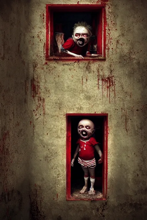 Prompt: room with 3 red windows, child with teeth all over his body except in the mouth, dystopian environment, by michal karcz in the style of chucky | freddy krueger style
