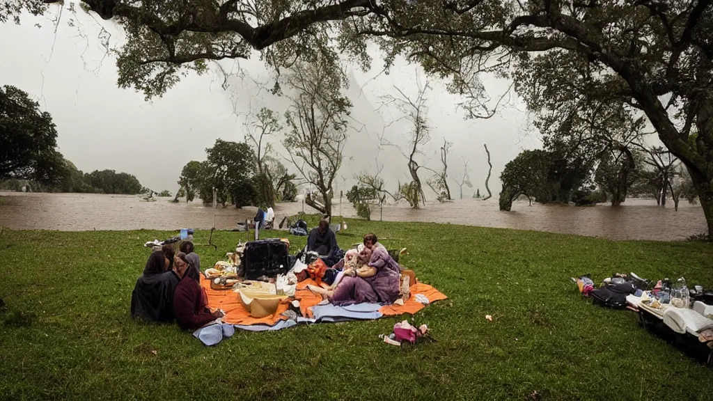 Image similar to climate change catastrophe, lightning, hurricane, hailstorm, gale-force winds, floods, as seen by a couple having picnic in a park, moody and dark large-format photography, wide angle