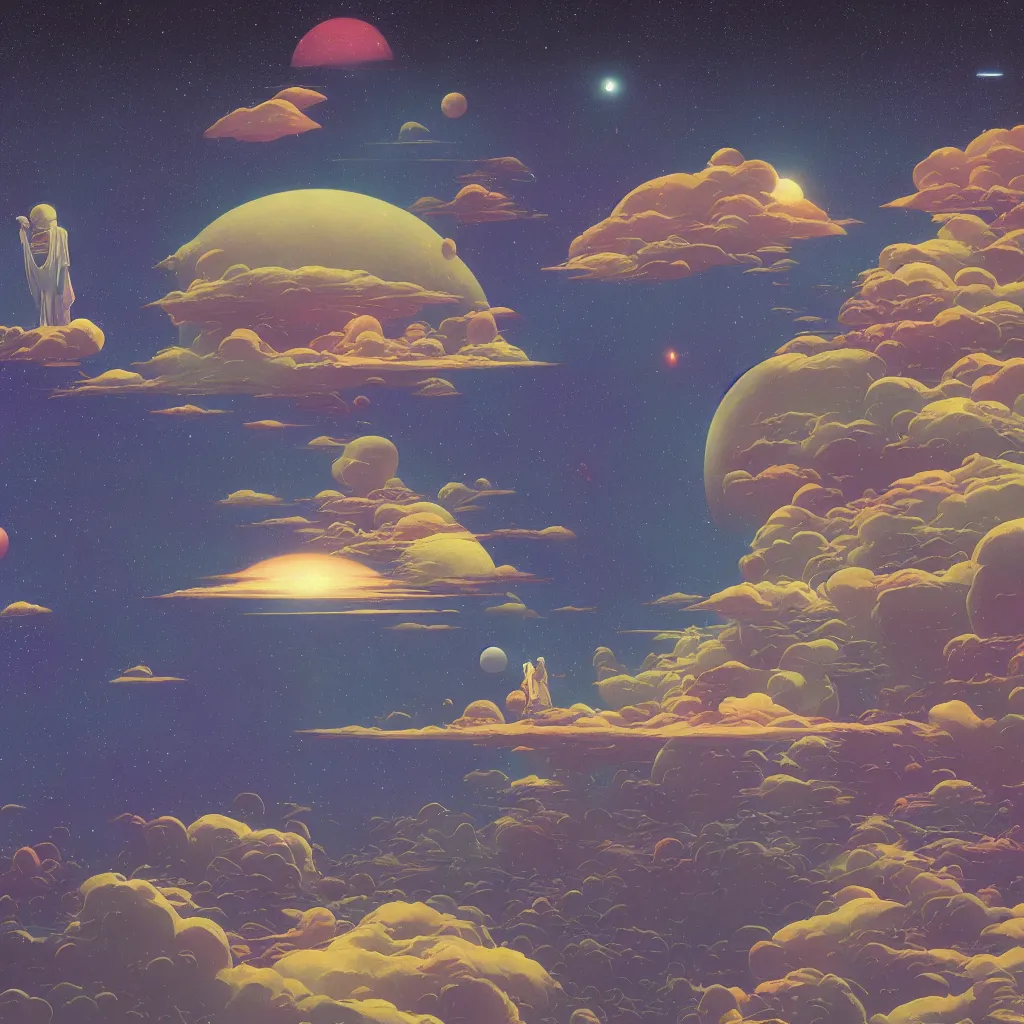 Image similar to a scifi multiverse scene in space of a spiritual being dreaming psychedelic hallucinations in cosmos, by kawase hasui, moebius, Edward Hopper and James Gilleard, Zdzislaw Beksinski, Steven Outram, unreal engine, highly rendered, hd, 8k, artstation