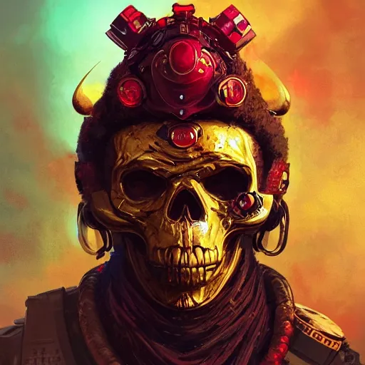 Prompt: a golden skull face monkey warrior with a ruby in his forehead, Apex Legends character, digital illustration portrait design, by android jones and greg rutkowski, retrowave color scheme, detailed, cinematic lighting, wide angle action dynamic portrait