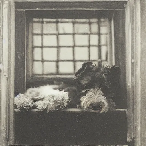 Prompt: a photograph of an old yorkish terrier sleeping on a couch below a window