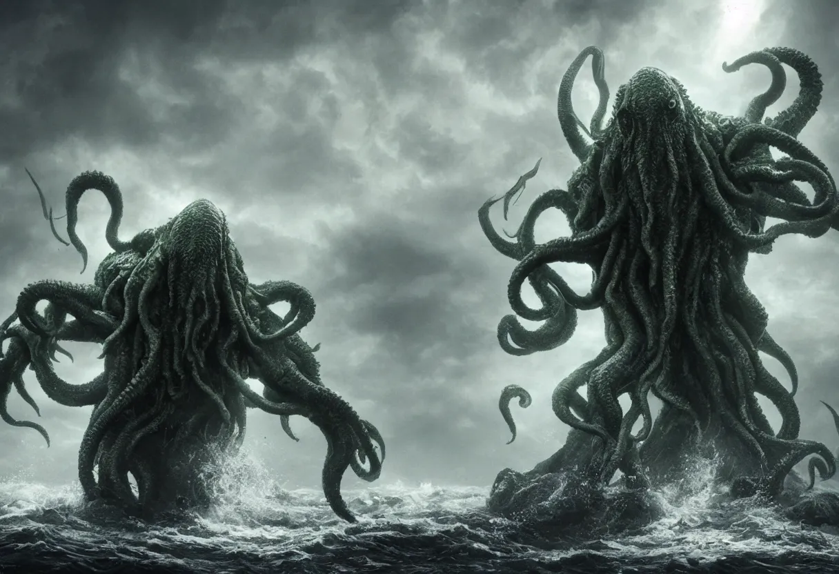 Image similar to concept art of cthulhu emerging from the ocean, omnious old photo, cinematic lighting, apocalyptic, atmospheric, hyper realism, realistic, octane render, dramatic lighting, highly detailed, cinematic