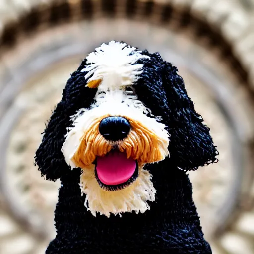 Image similar to a closeup photorealistic photograph of a cute smiling knitted bernedoodle judge dog dressed in a black gown, presiding over the courthouse. indoors, professional capture, well lit shot. this 4 k hd image is trending on artstation, featured on behance, well - rendered, extra crisp, features intricate detail, epic composition and the style of unreal engine.