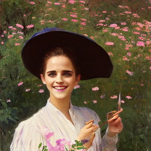 Prompt: thick paint brush strokes full body fashion model smiling squinting emma watson by Jeremy Lipking by Hasui Kawase by Richard Schmid (((smokey eyes makeup eye shadow fantasy, glow, shimmer as victorian woman in a long white frilly lace dress and a large white hat having tea in a sunroom filled with flowers, roses and lush fern flowers ,intricate, night, highly detailed, dramatic lighting))) , high quality