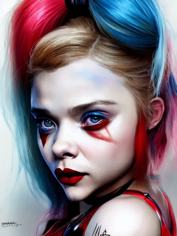 Image similar to chloe grace moretz as a beautiful harley quinn, digital painting, extremely detailed, 4 k, intricate, brush strokes, mark arian, artgerm, bastien lecouffe - deharme