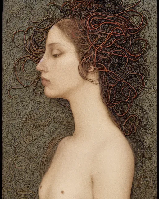 Image similar to a woman's face in profile, long flowing hair entwined in a coral reef, made of intricate decorative lace leaf, in the style of the dutch masters and gregory crewdson, dark and moody