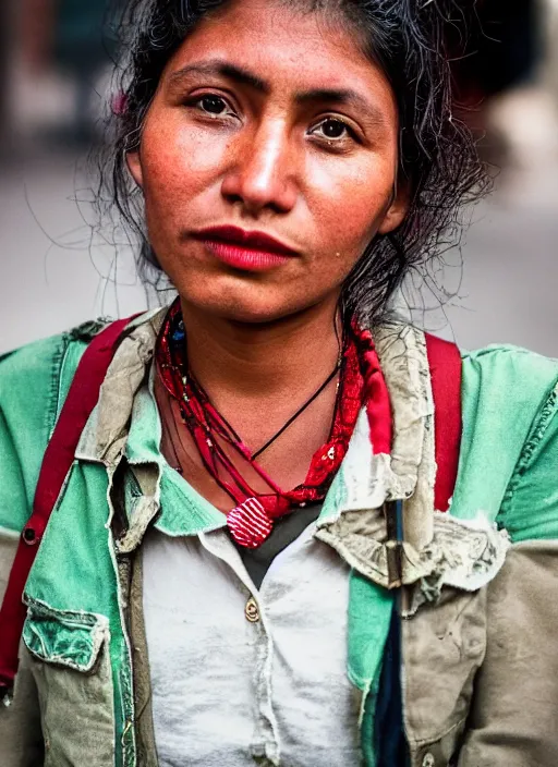 Image similar to Mid-shot portrait of a stylish 30-year-old woman from Guatemala, candid street portrait in the style of Martin Schoeller, strong red and greens, award winning, Sony a7R