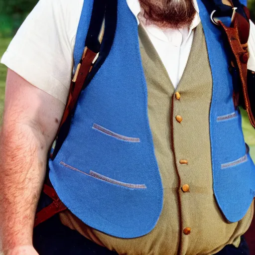 Image similar to close up of a frowning clean shaven pudgy British lad with short curly dark brown hair as a hobbit wearing a white men's crossbody sling chest bag and blue vest, blue vest!! white crossbody chestbag!! high resolution film still, movie by Peter Jackson