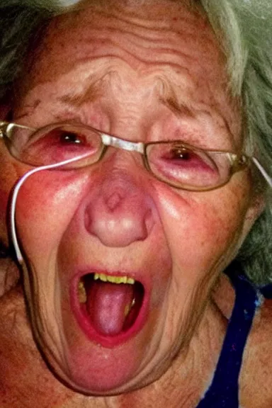Prompt: an old grandma squinting and screaming because she accidentally took a selfie with the flash on in the dark