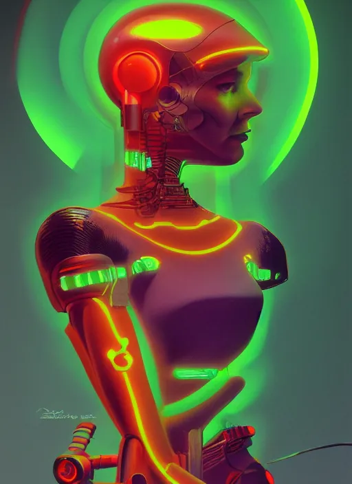Image similar to portrait of a cyborg woman by Roger Dean, neon light, hyper detailled, trending on artstation