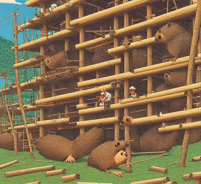 Image similar to photography hyperrealism concept art of anthropomorphic beavers builders that building city with sticks by hasui kawase