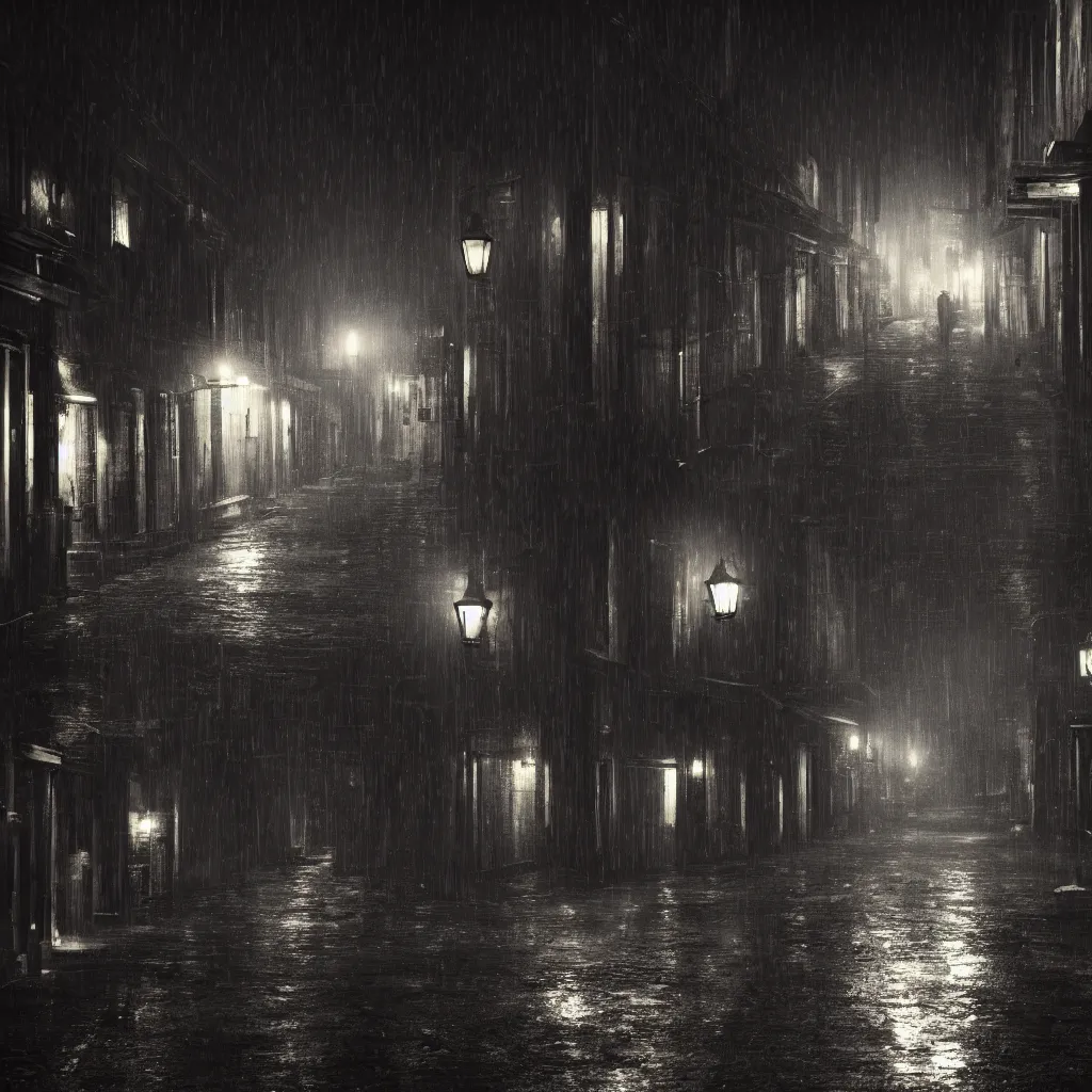 Image similar to a beautiful photograph of a dark rural city ally at night, there are lanterns reflecting in the cold rain, trending on artstation, 4k