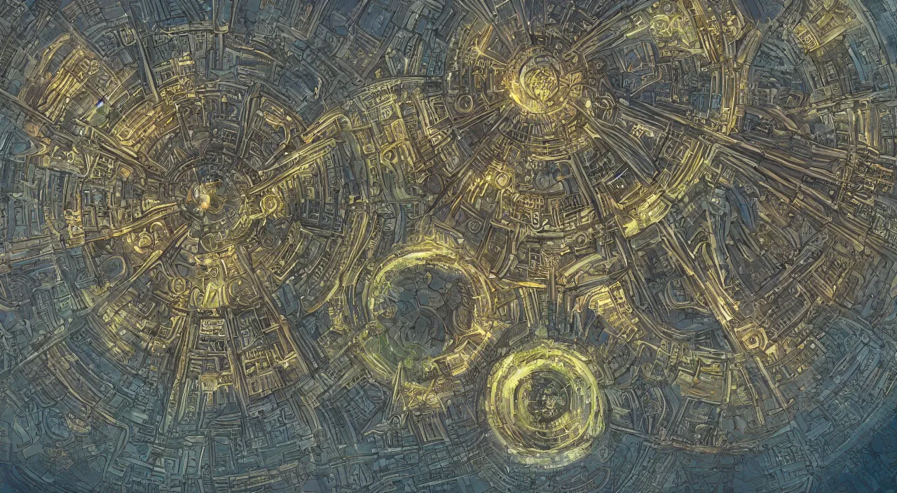 Image similar to beautiful digital painting of sigil, the city of doors, located atop the spire in the outlands. it has the shape of a torus, and the city itself is located on the inner surface of the ring. there is no sky, simply an all - pervasive light that waxes and wanes to create day and night.