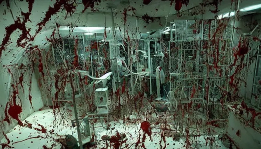 Image similar to Big budget horror movie set in an undersea biolab, the walls are splattered with blood