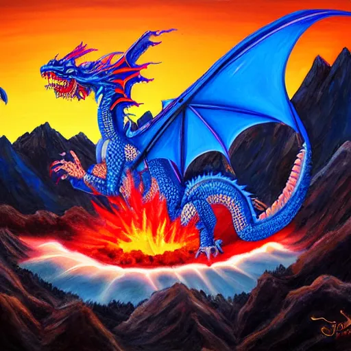 Prompt: a very detailed painting of a crimson dragon spitting out hot blue flames out of it's mouth while on top a mountain under the beautiful setting sun