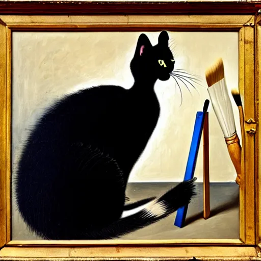 Image similar to a cat is painting with brushes, in a studio, painting the gordian knot black swan, in the technique of old masters, painting,