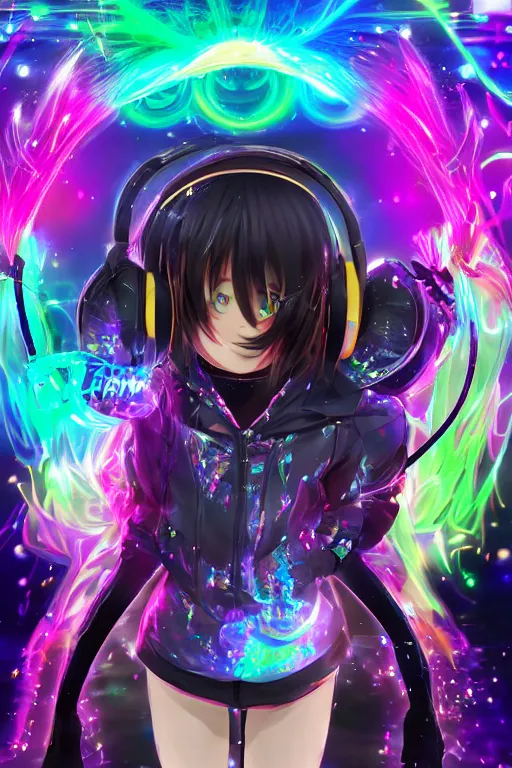 Image similar to portrait of an 3d anime character with cute sparkly eyes wearing a psychedelic holographic hoodie and headphones, long hair with pastel colors in the style of code vein by Kurumi Kobayashi Koichi Itakura, 3d anime, octane render, dynamic dramatic lighting, with glitch and chromatic abbreviations, artstation, cgsociety, imaginefx, by anime concept artist, rendered in unreal engine, by WENJR, WLOP, artgerm