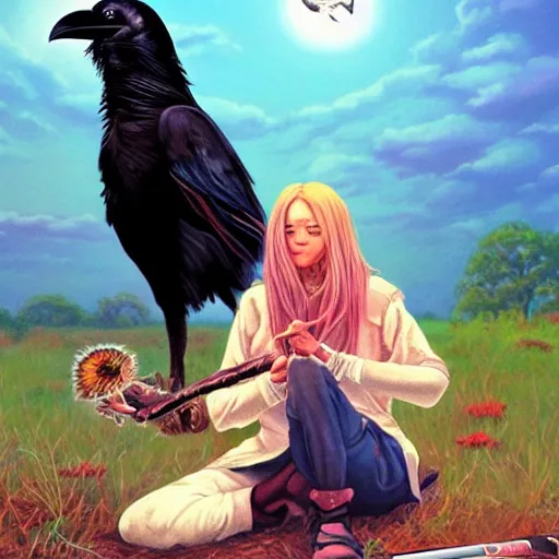 Image similar to n elderly indian don juan is sitting in a field with peyote and smoking a pipe, a raven walks next to him, by miho hirano, ross tran and ilya kuvshinov, realistic, detailed, beautiful fantasy detailed trending on artstation, oil painting, dramatic lighting, eterea, high quality print, fine art with subtle redshift rendering