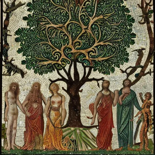 Prompt: fractal tree of life with adam, eve and the snake in the garden of eden, early 3 rd century mosaic