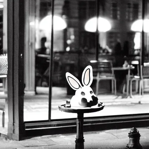 Image similar to a rabbit sitting outside a cafe in paris at night, the eiffel tower is visible in the background, black and white photograph