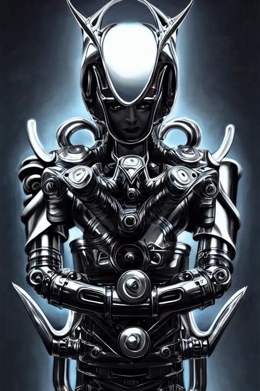 Image similar to chrome futuristic cyborg with curved metal horns, chrome motorcycle parts, full body, Loki horns, diffuse lighting, fantasy, intricate, elegant, highly detailed, lifelike, photorealistic, digital painting, artstation, illustration, concept art, smooth, sharp focus, art by John Collier and Albert Aublet and Krenz Cushart and Artem Demura and Alphonse Mucha