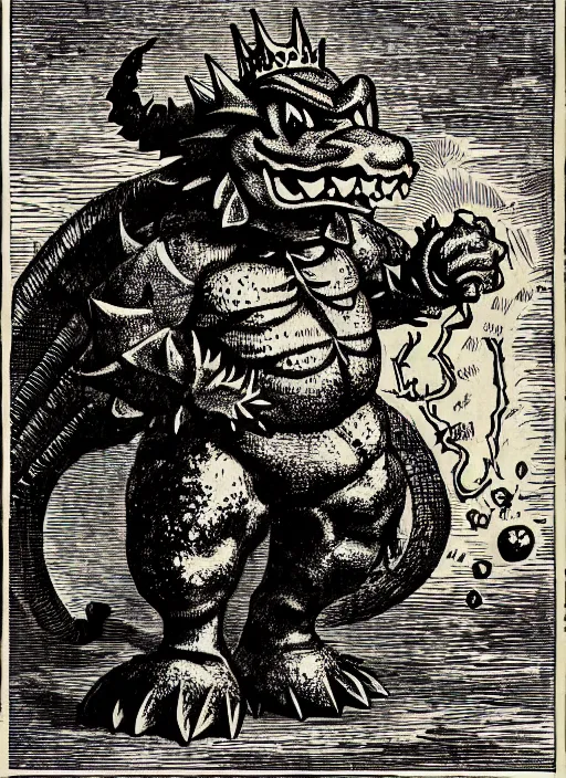 Image similar to illustration of bowser the king koopa as a demon from the dictionarre infernal, etching by louis le breton, 1 8 6 9, 1 2 0 0 dpi scan, ultrasharp detail, clean scan