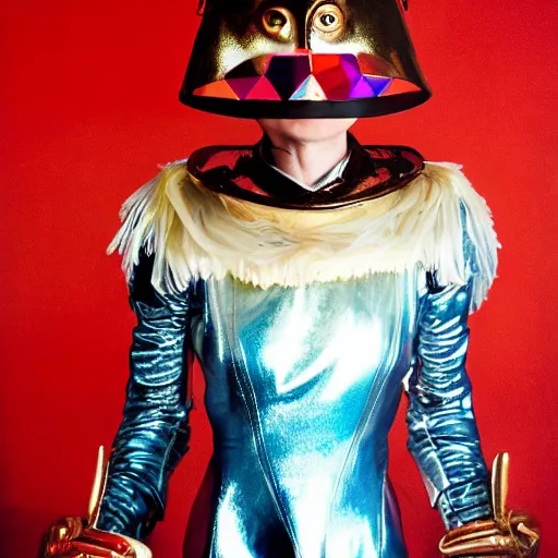 Image similar to portrait davis taylor brown dressed in 1 9 8 1 space fantasy fashion, shiny metal