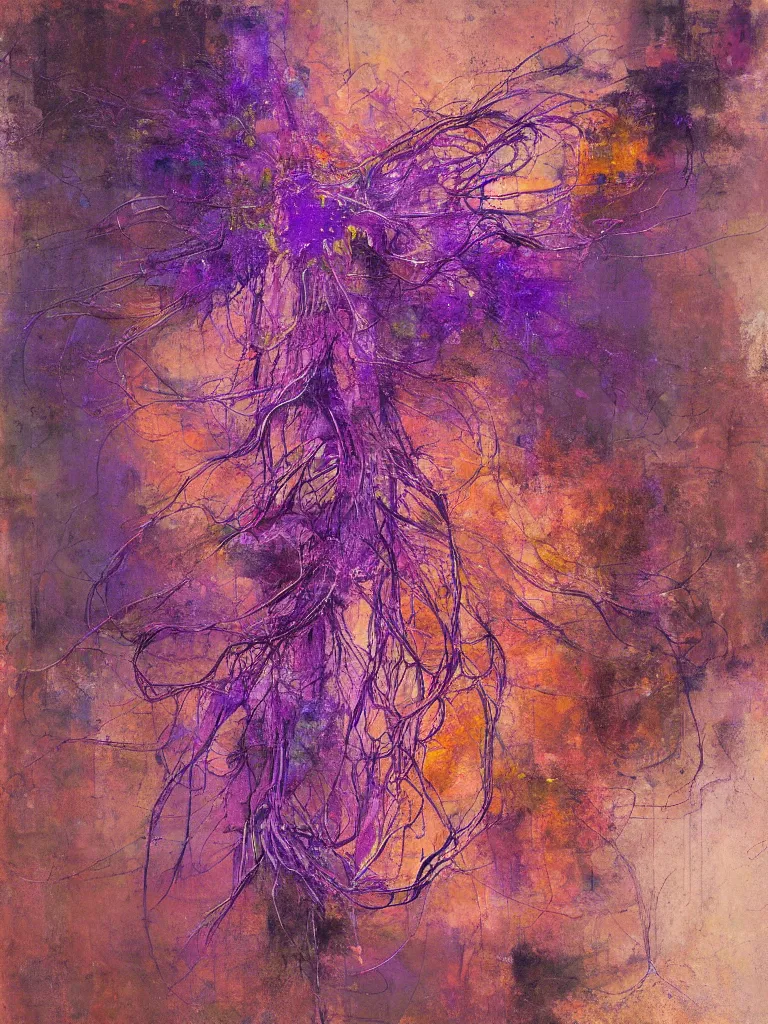 Image similar to a beautiful abstract painting by ramon chirinos of a glitched human nervous system, color bleeding, pixel sorting, copper oxide material, brushstrokes by jeremy mann, studio lighting, pastel purple background, square shapes