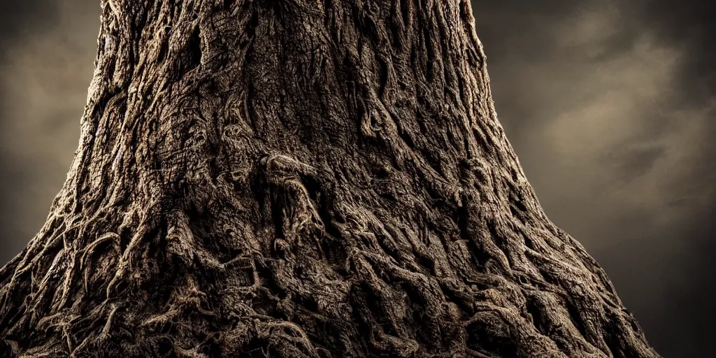 Image similar to a tree that resembles an ogre, closeup, studio lighting, deep colors, apocalyptic setting, dark