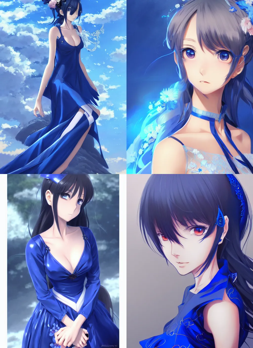 Prompt: anime girl wearing a brilliant royal blue dress, intricate detail, digital portrait by artgerm and makoto shinkai, android jones and huifeng huang, artstation
