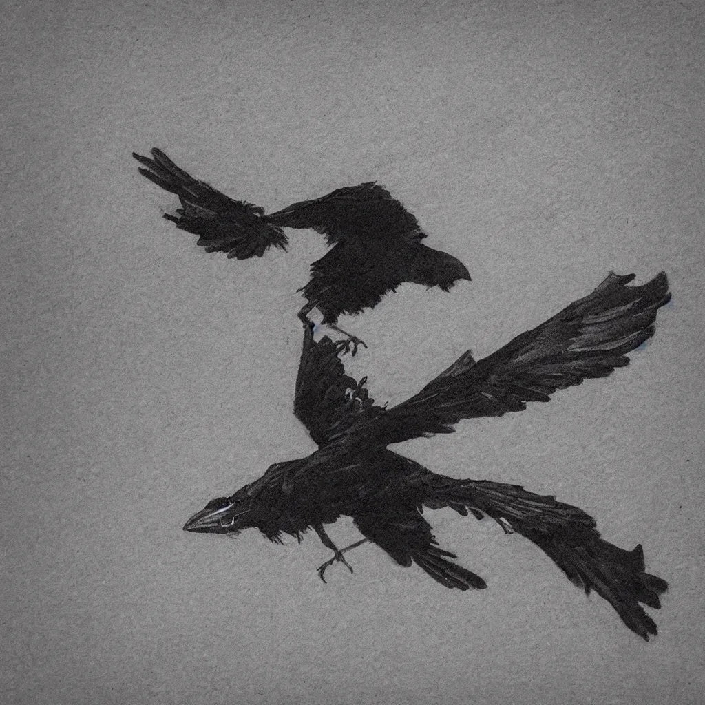 Prompt: crow staring into the void taking flight inspired by geiger with tetsuya and kansuke yomamato