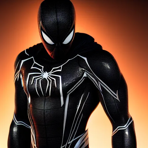 Prompt: still photo of black venom spider - man, highly detailed, photorealistic portrait, bright studio setting, studio lighting, crisp quality and light reflections, unreal engine 5 quality render