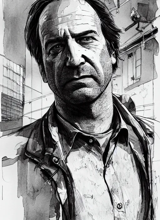 Image similar to portrait, Saul Goodman in the Last of Us universe, Bob Odenkirk, post apocalypse, Breaking Bad, watercolor, dramatic lighting, cinematic, establishing shot, extremely high detail, foto realistic, cinematic lighting, pen and ink, intricate line drawings, by Yoshitaka Amano, Ruan Jia, Kentaro Miura, Artgerm, post processed, concept art, artstation, matte painting, style by eddie mendoza, raphael lacoste, alex ross