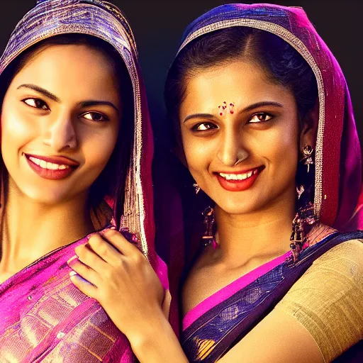 Prompt: unbelievably beautiful, perfect, dynamic, epic, cinematic 8K HD movie shot of two semi-close-up Indian women beautiful expressing joy and posing together. By oscar winning director. Motion, VFX, Inspirational arthouse, high budget, hollywood style, at Behance, at Netflix, with Instagram filters, Photoshop, Adobe Lightroom, Adobe After Effects, taken with polaroid kodak portra