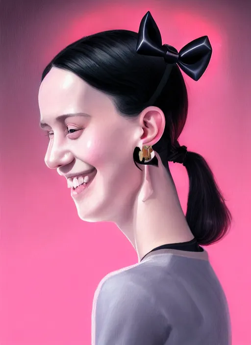 Image similar to portrait of high school girl, realistic, black hair, bangs, half updo hairstyle, pointy nose, skinny, smile, ugly, defined jawline, big chin, pink hair bow, earrings, intricate, elegant, glowing lights, highly detailed, digital painting, artstation, sharp focus, illustration, art by wlop, mars ravelo and greg rutkowski