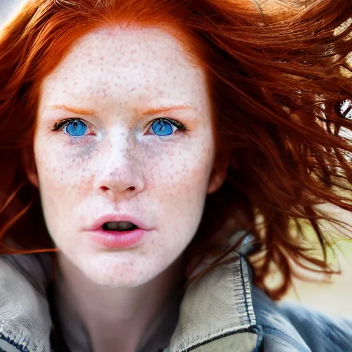 Image similar to close up portrait photo of the left side of the face of a redhead woman with blue eyes and big black round pupils who looks directly at the camera. Slightly open mouth, face covers half of the frame, with a park visible in the background. 135mm nikon. Intricate. Very detailed 8k. Sharp. Cinematic post-processing. Award winning photography, steve mccurry