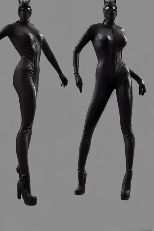 Image similar to full body 3d render of Catwoman from Batman Returns, photorealistic, finalRender, octane, Unreal Engine