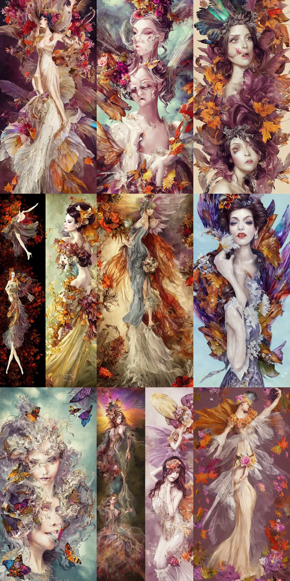 Prompt: Painterly character concept and fashion spot illustrations from a Final Fantasy and Halloween and Rococo-themed wedding, autumn colors, autumn leaves, monarch butterfly wings, full-body, dynamic poses, diaphanous iridescent silks, bloom, god rays, cinematic lighting, intricate crystalline and feather jewelry, ornate, filigree, arcane, by Luis Ricardo Falero, by Alphonse Mucha, by Bouguereau, by Rubens, fantasy, portfolio illustration, highly detailed, trending on Artstation, CGsociety, Pixologic top row, rendered in Octane, rendered in Arnold, HQ, 8k, 35mm lens, f2.8, Bokeh,