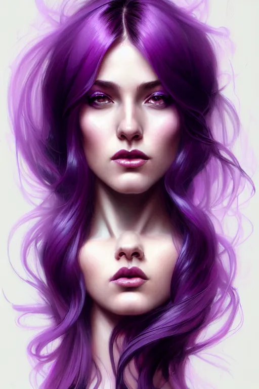 Image similar to Purple hair, creative colouring Portrait of woman face profile, fashion, colored strands of hair, intricate, elegant, highly detailed, digital painting, artstation, concept art, smooth, sharp focus, illustration, art by artgerm and greg rutkowski and alphonse mucha