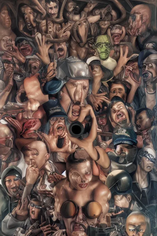 Image similar to place full of tunnel rats - pop art, hyperrealistic, smooth, by artgerm and richard hamilton and mimmo rottela and bob rafei and kazuma kaneko and bengus and yoshitaka amano, face features, human anatomy features, sharp focus, ultra realistic detail human composition, anatomy models details, multicultural race, incrinate