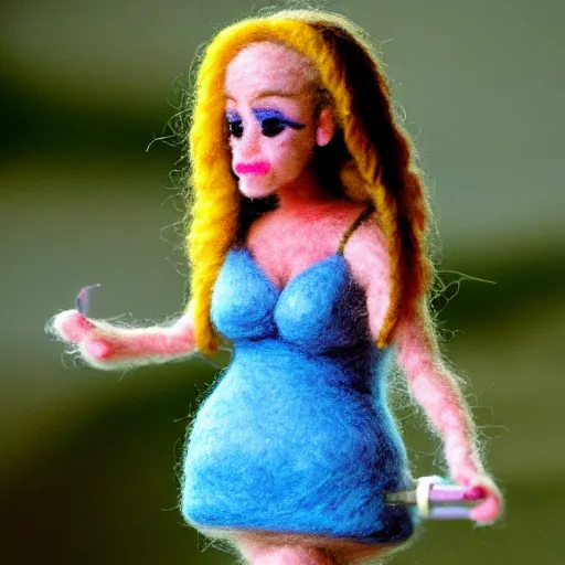 Image similar to needle felted alicia silverstone as cher from the movie clueless (1995), highly detailed, tilt shift, cozy, hyperrealism, highly textured, god rays, action pose