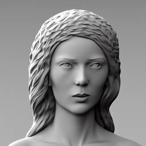 Image similar to 3 d render of a sculpture of a tall girl with long hair and a crown on her head, no colors, white and black, plastic, 4 k, 8 k, hd,