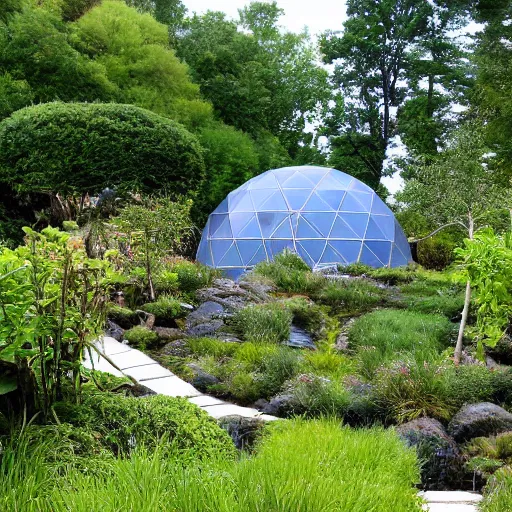 Prompt: geodesic dome with gardens and waterfall