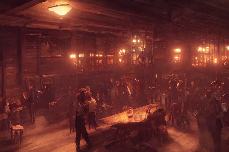 Prompt: 1800s saloon interior, dramatic lighting, cowboys drinking, concept art, greg rutkowski, artstation