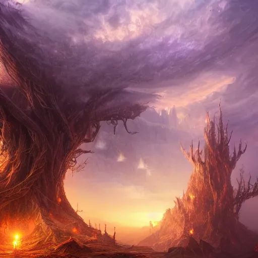 Prompt: fantasy landscape, an advanced city around the roots of a colossal tree, epic composition, intricate details, hyper detailed, 8 k, volumetric light, magical atmosphere